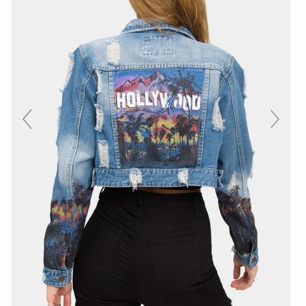 American Bazi Hollywood Cropped Denim Jacket SZ M Blue Punk Distressed Rock Edgy